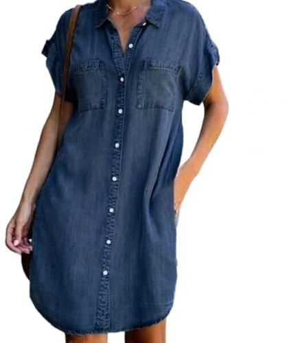 Cozyan Robe Longue Femme Ete Robe décontractée pour Femmes Style Denim Elégant Manches Courtes à Larges Confortable Jupe Courte Jusqu’au Genou avec Boutons Adaptée à l’eté