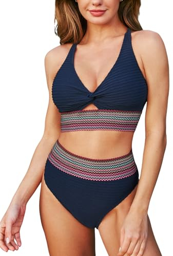 CUPSHE Damen Bikini Set V Ausschnitt Twist Front High Waist Sport Bikini Bademode Farbige Wellenmuster Zweiteiliger Badeanzug Swimsuit Dunkles Marineblau L
