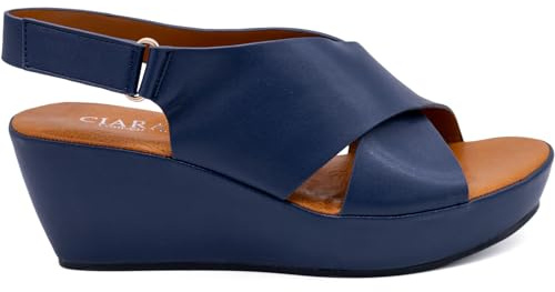 CIARA LONDON Sandali da donna con tacco a zeppa, punta aperta, chiusura con velcro, estivi, casual, Marina Militare, 39 EU
