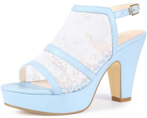 Perphy Platform Open Toe Chunky Heel Sky Blue Lace Sandals for Women 7.5 M US