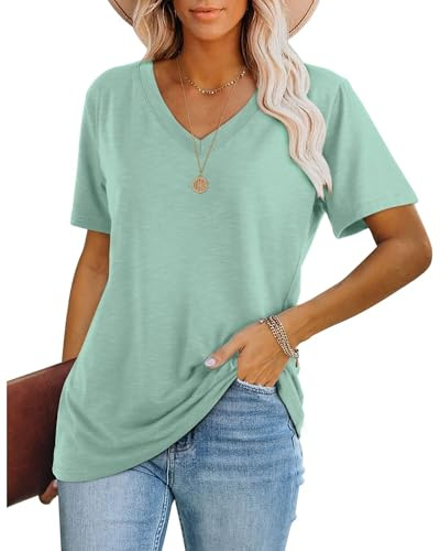 WIHOLL Ladies Tops Summer Womens T Shirts UK Short Sleeve V Neck Activewear Outfits Clothing Clothes 2026 Green Size 22-24
