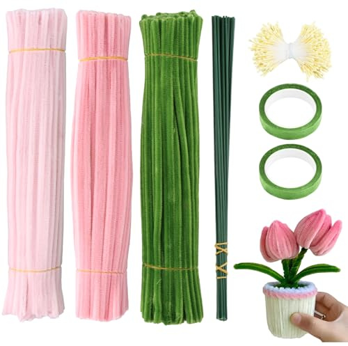 Anseom 300 Piezas Limpiapipas para Manualidades, 30cm Tallos de Chenilla de Colores, Limpiapipas de Chenilla para Flores de Tulip con 20 Tallos de Flores, 2 Cinta de Flores (Rosa)