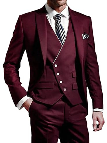 Costume classique 3 pièces pour homme - Coupe ajustée - Smoking de mariage - Costume d'affaires formel (blazer + gilet + pantalon), bordeaux, M