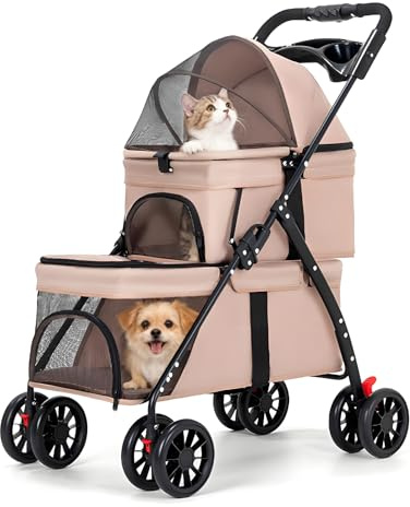 Simcat Cochecito doble para mascotas para perros pequeños y medianos, gatos, carro de viaje plegable, 3 en 1, cochecito plegable para mascotas, para viajes, camping (caqui)
