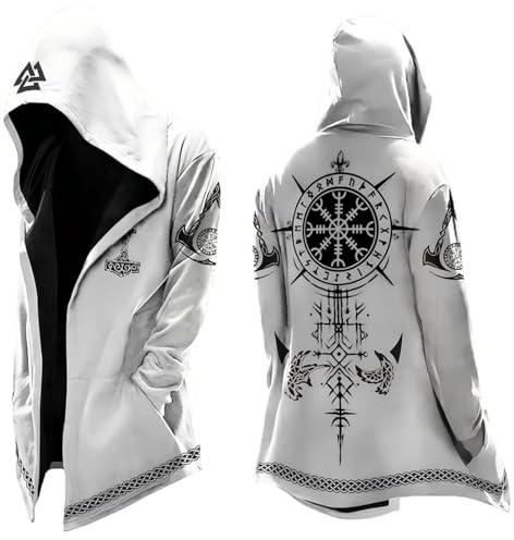 RUMAOZIA Hooded Jacket Men's Traditional Jacket Nordic Myth 3D Medium Length Cardigan with Hood Viking Runes Retro Fashion Personality Biker Trend Cardigan Long Coat Outdoor Wind Jacket