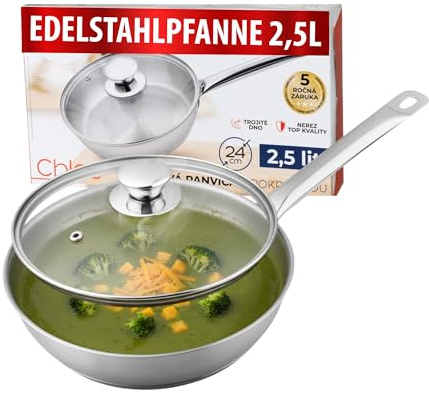 MAGIC HOME Edelstahlpfanne 24 cm | Pfanne INDUKTION | Edelstahl Bratpfanne 2.5L | Hoher Rand | Satin-Finish | 24cm Induktionspfanne für Alle Herdarten, Induktionsherd | Tief | Chef´s Pan | Chloe