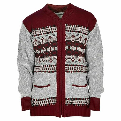 Mens Cardigan Argyle Diamond Pattern Knitted Jumper – Classic Vintage Grandad Style Zip Up or Button Up Sweater Warm Winter Knitwear V Neck Long Sleeve Cardigan with Pockets Red Zip Up L