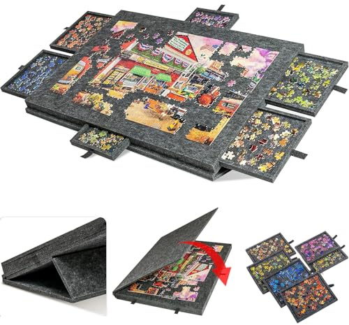 Tavolo Per Puzzle,Pannello Piattaforma Per Puzzle In Feltro Ultraleggero, Con Coperchio e 6 Cassetti Divisori, Adatto Per Adulti e Bambini,Può Contenere Fino a 1000 Pezzi, Colore Grigio Scuro
