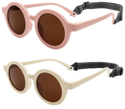 LOJUDI Gafas de sol para bebés 0-24 meses, polarizadas con correa ajustable, marco de silicona suave redondo, protección UV400, gafas de sol para bebés de 0 a 2 años, rosa y blanco