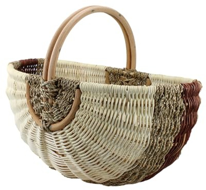 Grande Cesto per la Spesa in Rattan e Alghe – Cesto da Picnic Intrecciato a Mano con Manico – 39x26x20 cm – Robusto Cesto da Mercato e Auto – Design Vintage – Marrone