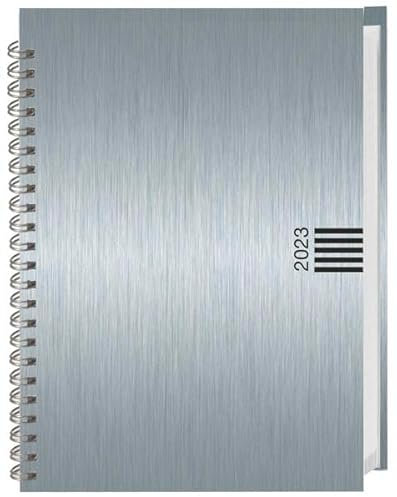 Cheftimer A5 mit Wochenkalender 2023. Silberner Terminkalender in Aluoptik. Buch-Kalender mit Lesebändchen und Spiralbindung. Taschenkalender 2023 zum Planen von Terminen.