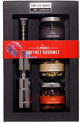 SUR LES QUAIS - Coffret Gourmet - Découverte du poivre avec un Moulin à poivre design Easy crush et ses 3 pots de poivre (noir, blanc et rouge)