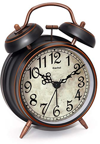 Eachui Réveil à Double Cloche avec Lumière, Grand Cadran de 10cm, Réveil à Quartz Analogique avec Alarme Puissante, sans Tic-tac, sans Bruit (Chiffres Arabes)