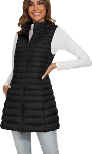 FlyGulls Long Puffer Vest for Women Winter Lightweight Down Vest Black Womens Vests Outerwear Sleeveless Jacket with Pockets, Black, XXL