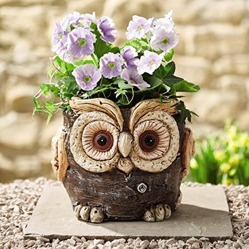 Owl Shaped Planter – Whittled Wood Effect Indoor Outdoor Waterproof Flower Plant Pot with 13cm Inner Diameter – Hand Painted Novelty Garden Patio, Decking Decor, H18.8cm x 22cm Diameter