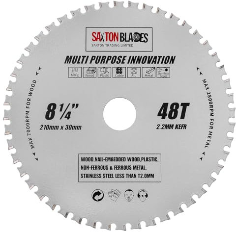 TCT21048TMPT Saxton TCT - Hoja de sierra circular multiusos (210 mm x 48 dientes, para madera y metal, compatible con Bosch, Dewalt, Ryobi, Makita, etc