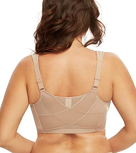 DotVol Women's Full Figure Front Closure Wirefree Jacquard Back Support Posture Bra(Beige,44D)