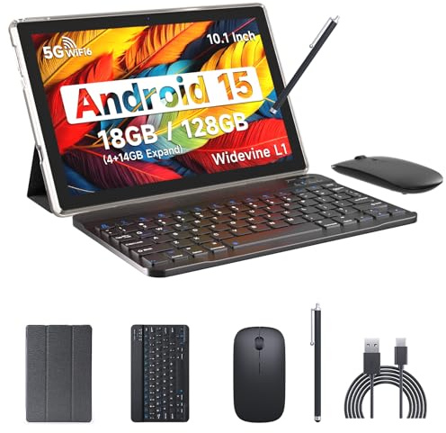IWEGGO Android 15 Tablet, 10 Inch 18GB RAM+128GB ROM/ 2TB Expandable Tablet, 2.0GHz Quad-core Processor, 1280*800 HD Touch Screen, 5G WiFi6 BT 5.0, 2 in 1 Tablets with Keyboard Case Mouse Stylus Black