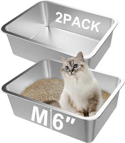 Lawei 2 Pack Stainless Steel Cat Litter Box, Rust Proof Metal Cat Box with High Sides, Large Litter Pan, Pet Toilet for Cat Kitten Rabbit, Easy to Clean, Non Stick and Non Odor,17.7 x 13.8 x 6 Inch