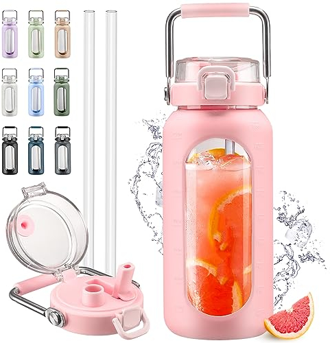 HYDRAGLAZIC 1900ML Glastrinkflasche mit Strohhalm und Edelstahlgriff, Wasserflasche glas mit Silikonhülle und Zeitmarker, Berwachung Ihrer täglichen Trinkflasche 2 liter, Rosa