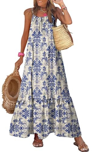 Dokotoo Womens Sundresses Scoop Neck Boho Maxi Dress for Womens Fashion 2026 Spaghetti Strap Sleeveless Sexy Dresses Ruffle A Line Flowy Dresses Beach Vacation Clothes Medium
