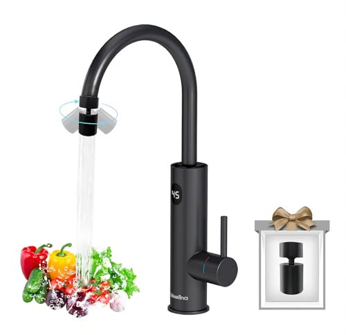 Briwellna Fast Heating Tap Water Heater, Stainless Electric Hot Water Tap with Digital Display, 360 Degree Rotate Cold and Universal Nozzle, Flexible and Convenient (Black)