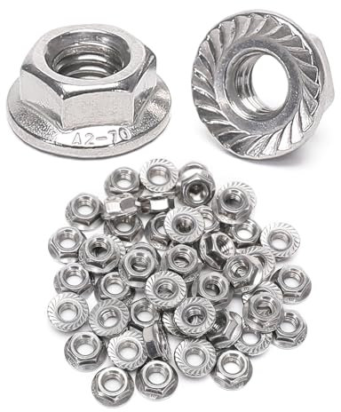 QXSKSLH 50 Pieces 1/4-20 Flange Nuts, 1/4-20 Serrated Hex Flange Lock Nuts, 304 Stainless Steel,Plain Finish