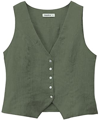 Amazhiyu Chaleco de traje para mujer, de lino, sin mangas, cuello de pico, corto, con botones, ajuste estrecho, correas ajustables, verde, M