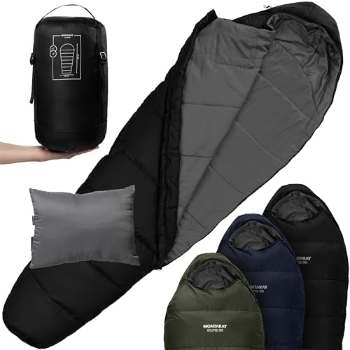 MONTARAY Mumienschlafsack bis -5°C INKL. Kissen für 3-4 Jahreszeiten 300GSM - Outdoor Winter-Schlafsack & Sommer-Schlafsack - Decken-Schlafsack & Hütten-Schlafsäcke Damen & Herren - Sleeping Bag warm