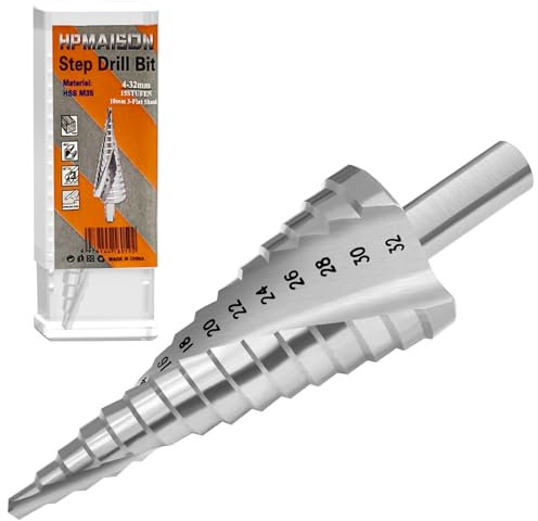 HPMAISON M35 Cobalt Step Bit, 10mm 3-Flat Shank High Speed Steel 5% Cobalt Step Drill Bit (4-32mm, 15 Steps), Silver Titanium Spiral Grooved Cone Drill Bit Hole Cutter for Stainless Steel, Hard Metal