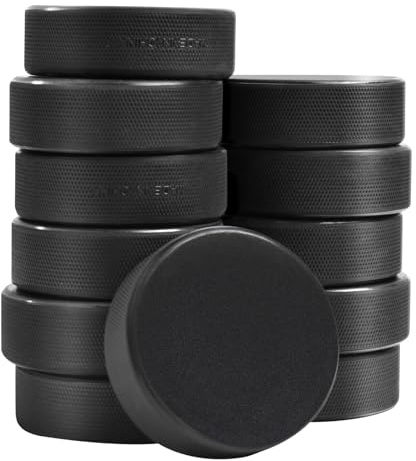 OMYOPY 12 Pack Ice Hockey Pucks with 2 Reusable Mesh Bag, Rubber Street Hockey Puck Balls for Practicing and Classic Training, Diameter 3, Thickness 1, 6 oz, Official Regulation, Black