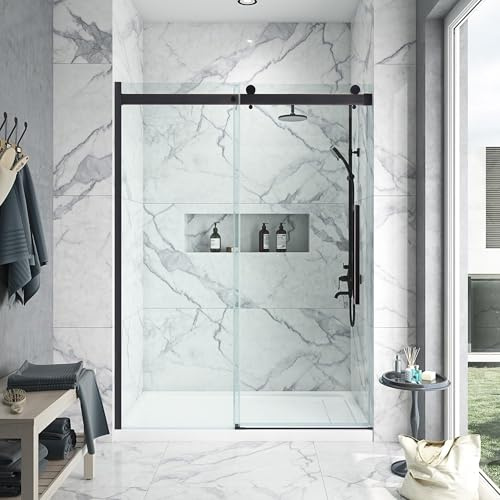 OVE Decors Bel 60-in W x 81-in H Frameless Sliding Shower Door Alcove Shower Kit, Shower Base and Arroyo Shower Wall Included in Oil-Rubbed Bronze and Clear Glass