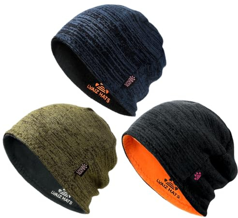 3 Pack Reversible Winter Fleece Lined Beanie Hats for Men Women Warm Windproof Cotton Stretchy Knitted Skull Caps