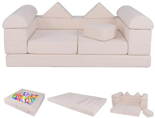 DREAMADE 5 in 1 Spielsofa, modulares Kindersofa aus 9 Schaumstoff Bausteine, Kindercouch mit waschbarem Wildlederbezug, Kinderspielsofa Kindermöbel für Spielzimmer, Kinderzimmer & Schlafzimmer (Beige)