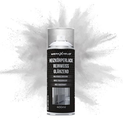 WerkXheld Heizkörperlack Reinweiß RAL 9010 glänzend – Speziallack für Heizkörper, Wasserrohre, Boiler und Metalloberflächen, Hitzebeständig, langlebiger Sprühlack, 400ml