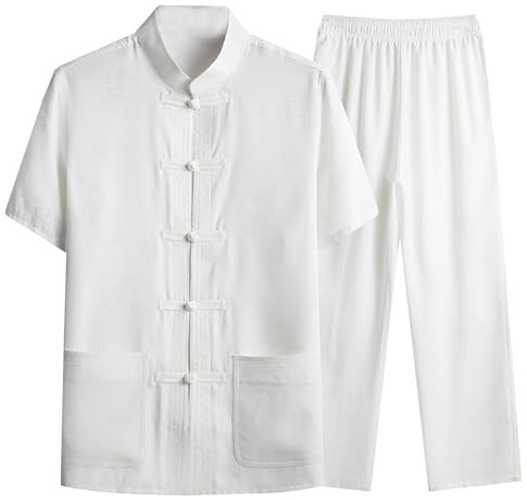 Kung Fu Costume en lin pour homme Couleur unie 2 pièces Chinois Traditionnel Arts Martiaux Uniforme Manches Courtes Reverse Chemise en lin et Pantalon de loisirs Tenue d'été Plage Tenue de loisirs