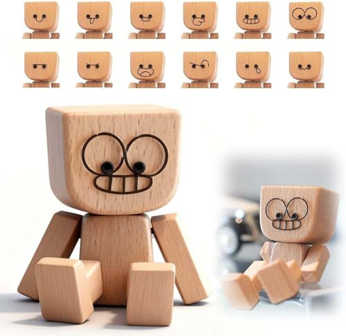 KQLHLHDYZ Figurine d'homme en bois pour tableau de bord de voiture, poupée en bois faite à la main pour accessoires de voiture et décoration de bureau avec 12 expressions magnétiques