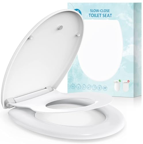 Family Toilet Seat, Soft Close Toilet Seat White with Quick Release Function, Simple Top Fixing Family Toilet Seats with Child Seat Built-in, Standard Toilet Seats with Adjustable Hinges, O Shape