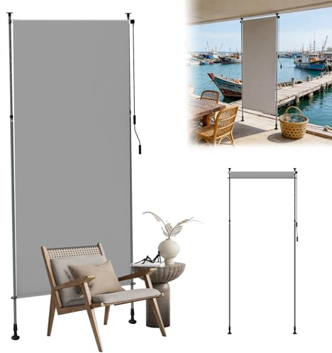 ACXIN Tenda da sole verticale con manovella senza fori, allungabile e opaca, per balcone, terrazza, frangivista, protezione da sguardi indiscreti, resistente alle intemperie, grigio chiaro