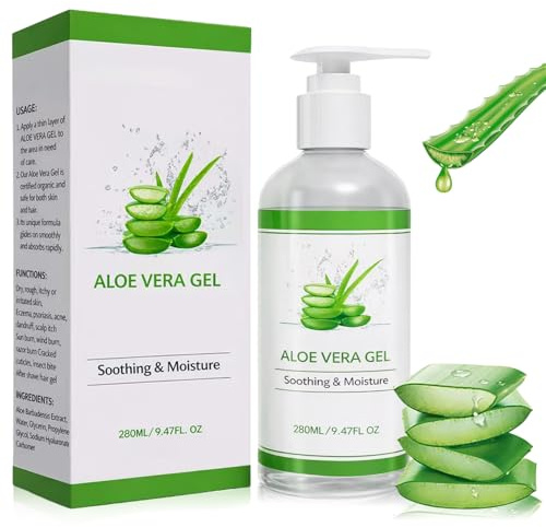 Aloe Vera Gel 100% PURO, 280ml Gel Aloe Vera Cultivo, After Sun, Hidratante Piel Cabello, Ideal para Quemaduras Solares, Reparar Piel Seca, Estresada y Sensible