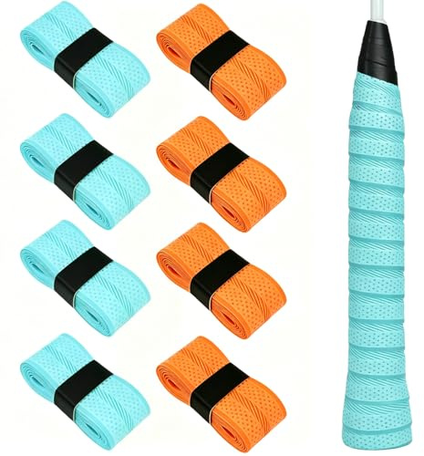 Sxingh 8 stycken greppband, tennisracket, 4 orange + 4 tiffanyblåa, halkfritt overgrip badmintonracket med perforering, självhäftande halkskydd greppband för tennis, badminton, squash