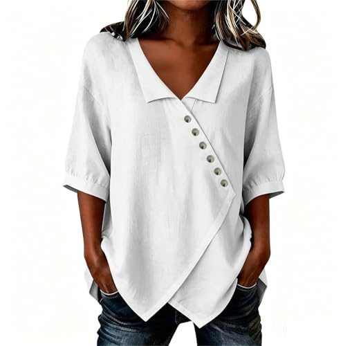 2026 Chemisier Femme Chic et Élégant Chemisiers et Blouses Lin Col en Revers Bouton ete Fluide Lâche Respirant Décontracté Soiree Tunique Tops Haut pour Plage Vacances Travail Mariage