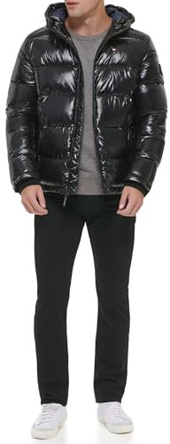 Tommy Hilfiger Men's Down Alternative Hooded Puffer Jacket (Standard and Big & Tall) Outerwear Coat, Pearlized Black, XL