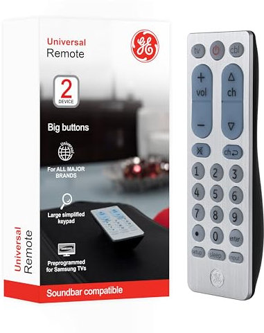 GE Big Button Universal Remote Control for Samsung, Vizio, Lg, Sony, Sharp, Roku, Apple TV, TCL, Panasonic, Smart TVs, Streaming Players, Blu-Ray, DVD, 2-Device, Silver, 33701