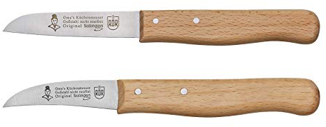 RÖR Haushaltsmesser/Gemüsemesser - Oma's Küchenmesser Set 2-teilig aus Gußstahl mit Glattschliff und Buchenholzgriff - nicht rostfrei - Made in Germany/Solingen