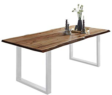 SAM Esszimmertisch 180 x 90 cm Mephisto, Baumkantentisch naturfarben, Akazienholz massiv, U-Gestell aus Metall weiß