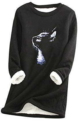 EFOFEI Frauen Einfarbiger Pullover Home Bequemes Warmes Top Lamm Kaschmir Pullover Gefüttert Plus Vlies Top Katze Schwarz XL