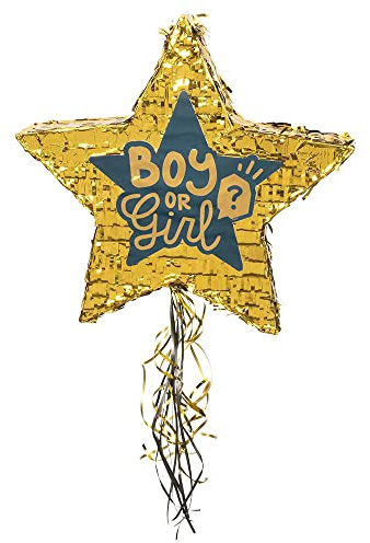 Boland 53253 - Zieh-Pinata Boy or Girl, Größe 44 x 44 x 8 cm, Gold-Schwarz, Geburt, Baby-Party, Dekoration, Geschenk