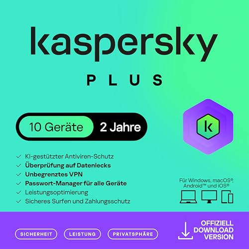 Kaspersky Plus Internet Security 2026 | 10 Geräte | 2 Jahre | Anti-Phishing und Firewall | Unbegrenzter VPN | Passwort-Manager | Online-Banking Schutz | PC/Mac/Mobile | Aktivierungscode per Email