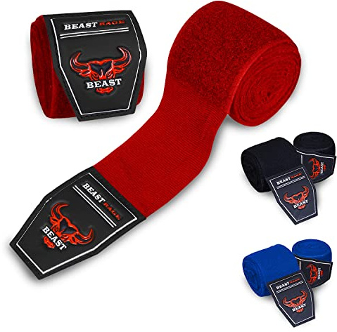 BEAST RAGE Boxing Hand Wraps 2.5/4.5 Meter Martial Arts Bandages Inner Gloves Wrist Support Straps Punching Under Hand Knuckles Heavy Elasticated Training Bag Mitts Muay Thai (Red, 2.5 M)